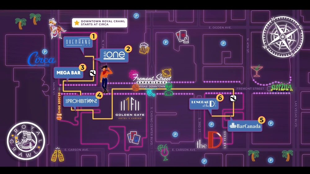 Downtown Las Vegas bar crawl route map, Royal Crawl Fremont Street stops