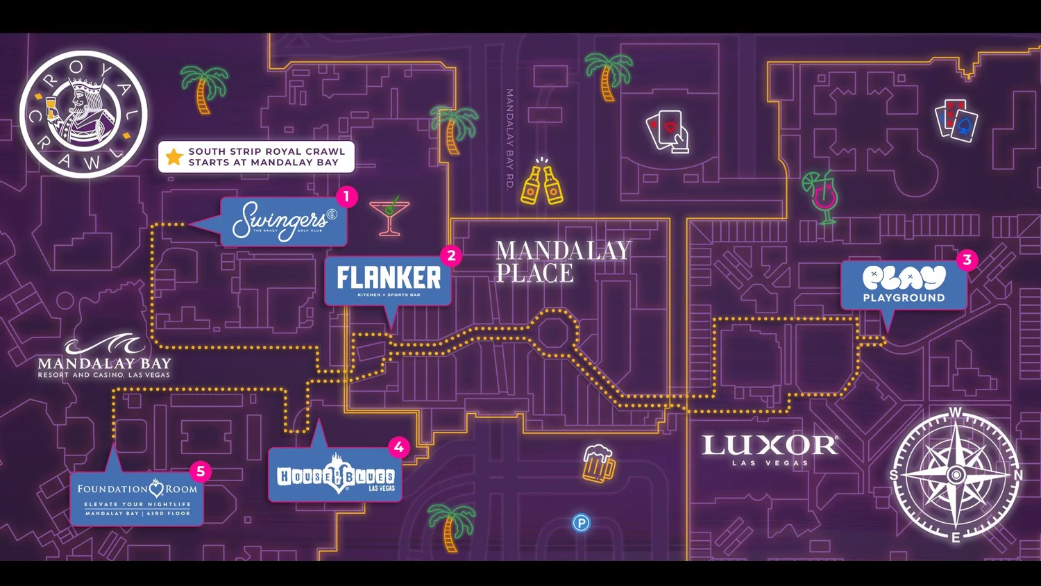 South Strip Las Vegas bar crawl route map, Royal Crawl Mandalay Bay to Luxor stops