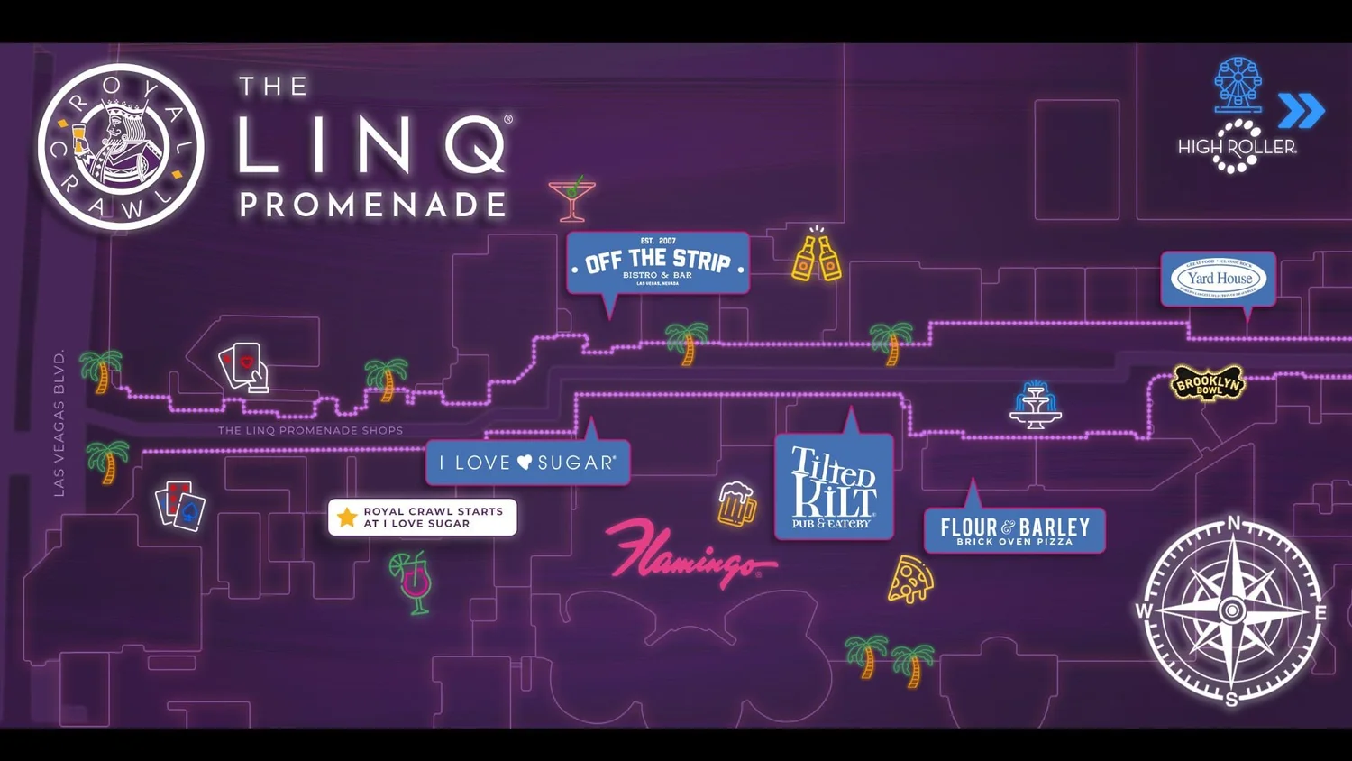 Las Vegas Strip bar crawl route map, Royal Crawl The LINQ Promenade stops