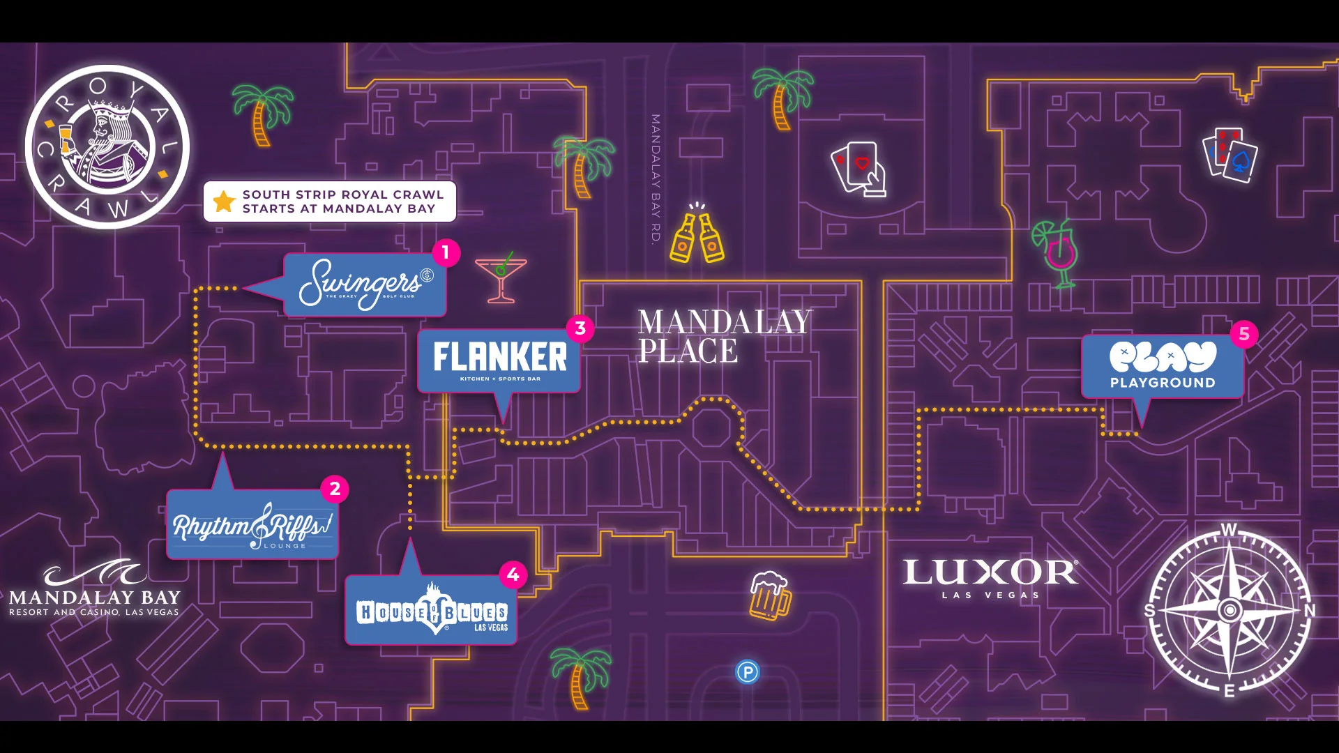 South Strip Las Vegas bar crawl route map, Royal Crawl Mandalay Bay to Luxor stops