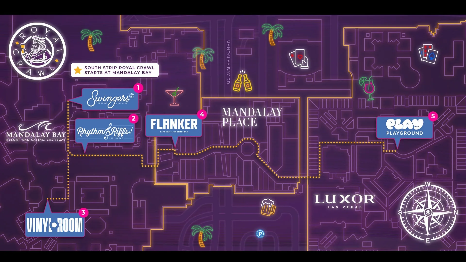South Strip Las Vegas bar crawl route map, Royal Crawl Mandalay Bay to Luxor stops